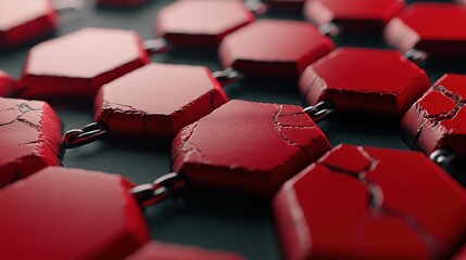 Poster - Intricate 3D Illustration of a Blockchain Ledger with Cracked Hexagonal Links in Vibrant Red Colors