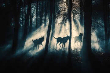 Poster - A captivating scene of silhouetted dogs roaming through a misty forest, illuminated by rays of sunlight filtering through the trees, creating a serene atmosphere.