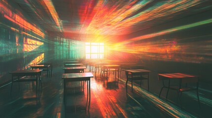 Poster - A classroom with empty desks and chairs