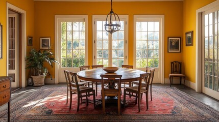 Aufkleber - A beautifully appointed dining room features a large wooden table surrounded by classic chairs. The inviting yellow walls and large windows create a cozy atmosphere, filled with natural light