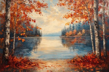 Poster - Serene autumn landscape painting featuring a tranquil lake reflecting colorful trees and a calm sky.