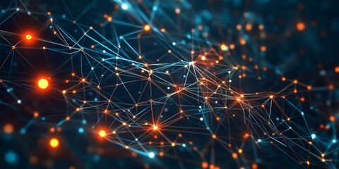 Poster - A captivating abstract visualization of network connections with glowing nodes in blue and orange hues, symbolizing technology and data communication.