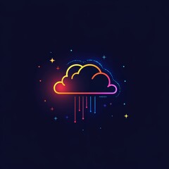 Poster - A vibrant illustration of a colorful cloud emitting rain and surrounded by stars, set against a dark background, perfect for creative projects.