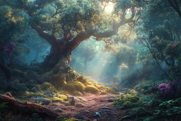 Poster - sunlit path through a mystical forest, ancient trees, mossy rocks, and vibrant flowers.