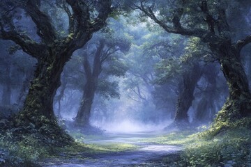 Poster - Misty forest path winds through ancient, moss-covered trees, creating an ethereal atmosphere.