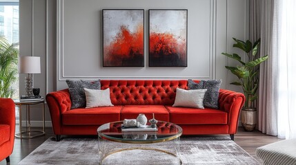 Poster - A stylish living room features a plush red sofa with tufted design, complemented by abstract art on the wall. Natural light filters through the window, enhancing the modern decor