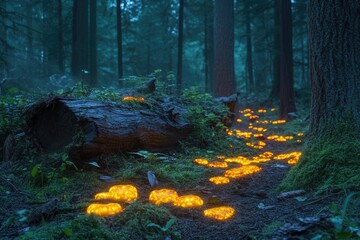 Poster - Enchanted forest path illuminated by glowing, bioluminescent mushrooms.