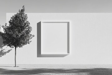 Poster - This minimalist image features a white blank canvas framed against a smooth wall with a single tree casting shadows. Ideal for artistic projects and design concepts.