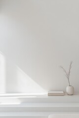 Poster - A serene minimalist white interior setting featuring a simple vase with dried flowers, offering a calming aesthetic perfect for news alerts and creative inspiration.