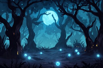 Poster - A serene, mystical forest illuminated by glowing orbs and a full moon, creating an enchanting atmosphere perfect for fantasy-themed projects and storytelling.