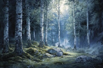 Poster - Serene birch forest bathed in soft light, mossy ground, peaceful atmosphere.