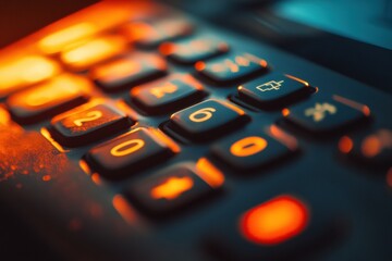 Poster - close up view of a luminous alarm system keypad in a dimly lit office setting showcasing modern secu
