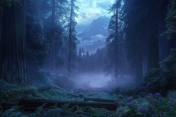 Poster - Misty twilight descends upon a majestic redwood forest, mountains looming in the distance.