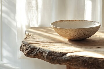 Poster - A rustic, textured ceramic bowl rests on a sunlit, wood slab table, creating a minimalist scene.