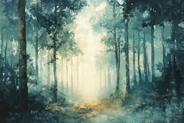 Poster - Misty forest path, sunlight filtering through tall trees, serene and peaceful atmosphere.
