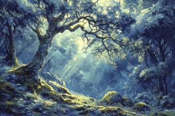Poster - Sunbeams pierce a serene, mossy forest, illuminating ancient trees and a tranquil landscape.