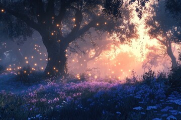 Poster - Enchanted forest at sunset, glowing fireflies illuminating purple wildflowers and ancient trees.