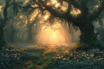 Poster - Sunlit path through enchanted forest, wildflowers bloom, magical atmosphere.