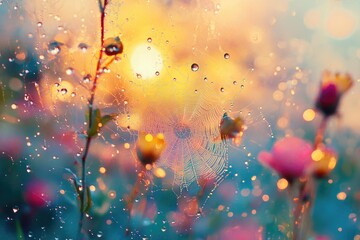 Poster - Dew-kissed spiderweb glistening in the sunrise, adorned with vibrant flowers and bokeh.