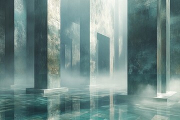 Aufkleber - A misty, futuristic city scene with tall, weathered concrete pillars reflecting in a calm, teal pool.