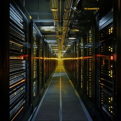 Poster - A visually striking view of a modern data center aisle showcasing rack servers with illuminated panels, highlighting advanced technology and infrastructure.