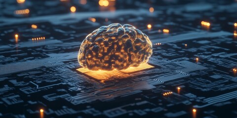 Poster - A stunning visualization of a digital brain positioned on a circuit board, illuminated by glowing nodes and patterns, symbolizing advanced technology and intelligence.