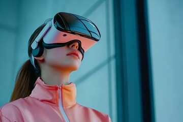 Poster - Woman Experiencing Immersive Virtual Reality Headset Modern Technology Futuristic Innovation Digital World Metaverse Exploration Advanced Device User 