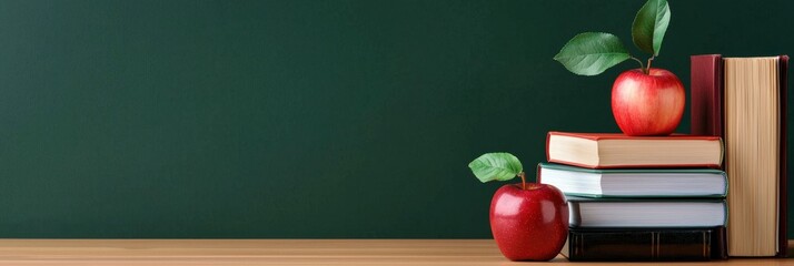 Aufkleber - A green background with a stack of books and two apples on top