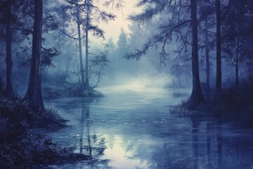 Poster - Serene, misty morning in a tranquil forest, reflected in still water.