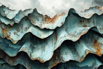 Poster - Rustic, teal-colored corrugated metal sheets, weathered and layered, resembling abstract waves.