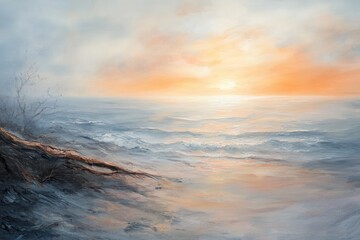 Poster - Serene seascape at sunset, a tranquil beach with a lone tree and gentle waves.