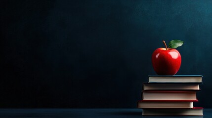 Poster - A red apple sits on top of a stack of books
