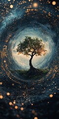 Poster - A captivating image of a solitary tree illuminated by ethereal light, set against a cosmic background. This composition evokes feelings of wonder and tranquility.