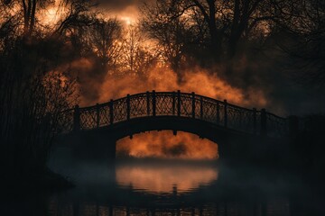 Poster - A captivating scene of a fog-shrouded bridge at dawn, surrounded by mystical trees and reflective waters, creating a serene and enchanting atmosphere.