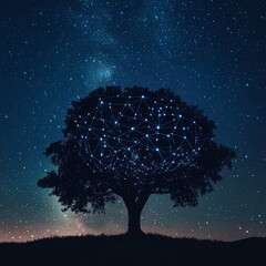 Poster - A captivating tree silhouette stands against a starry night sky, enhanced by a digital network design, symbolizing the fusion of nature and technology.