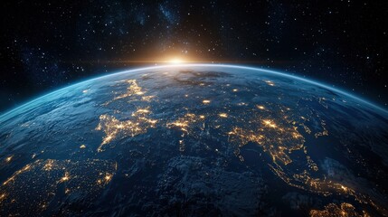 Aufkleber - A beautiful view of the Earth at night, with the sun rising in the distance