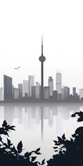 Poster - Stunning reflection of Toronto's skyline in calm waters, framed by silhouetted plant life. This minimalist image captures the serene beauty of urban landscapes.