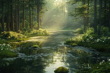 Aufkleber - Serene stream flows through a sun-dappled forest, creating a magical, tranquil scene.