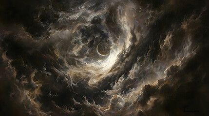Dark clouds swirl around a crescent moon, illuminated from within, creating a dramatic cosmic scene; ideal for fantasy art or science fiction