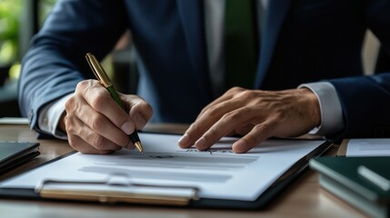 Aufkleber - A man in a suit is writing with a pen on a piece of paper