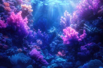 Poster - Vibrant underwater scene showcasing colorful coral reefs bathed in sunlight, a mesmerizing spectacle of marine life.