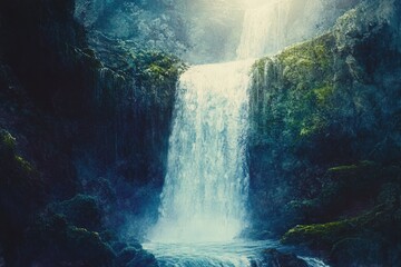 Poster - Serene waterfall cascading down moss-covered rocks in a lush, mystical forest.
