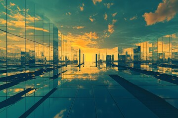 Poster - This captivating image showcases a surreal cityscape at sunset, featuring reflective glass structures that create a dreamlike atmosphere.