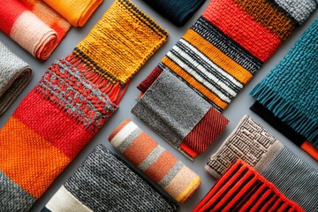 Aufkleber - A collection of colorful woven textiles in various textures and patterns, showcasing autumnal hues.