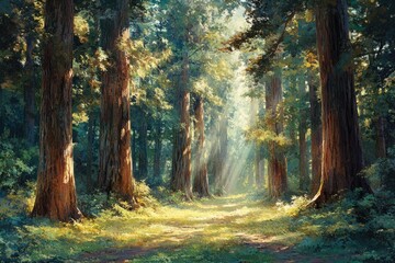 Poster - Sunbeams illuminate a path through a majestic redwood forest, creating a serene and magical atmosphere.