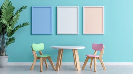 Poster - A room with a blue wall and a white table with two chairs