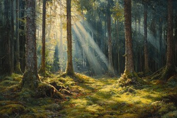 Poster - sunbeams pierce a dense forest, illuminating moss-covered ground and tall trees.