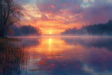 Poster - Serene sunrise paints the calm lake and misty forest with warm, vibrant colors.