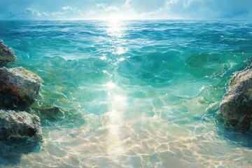 Poster - Serene ocean scene with sunlit turquoise water lapping gently against rocky shores.