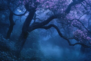 Poster - Enigmatic twilight scene in a misty forest, showcasing majestic trees adorned with delicate purple blossoms.